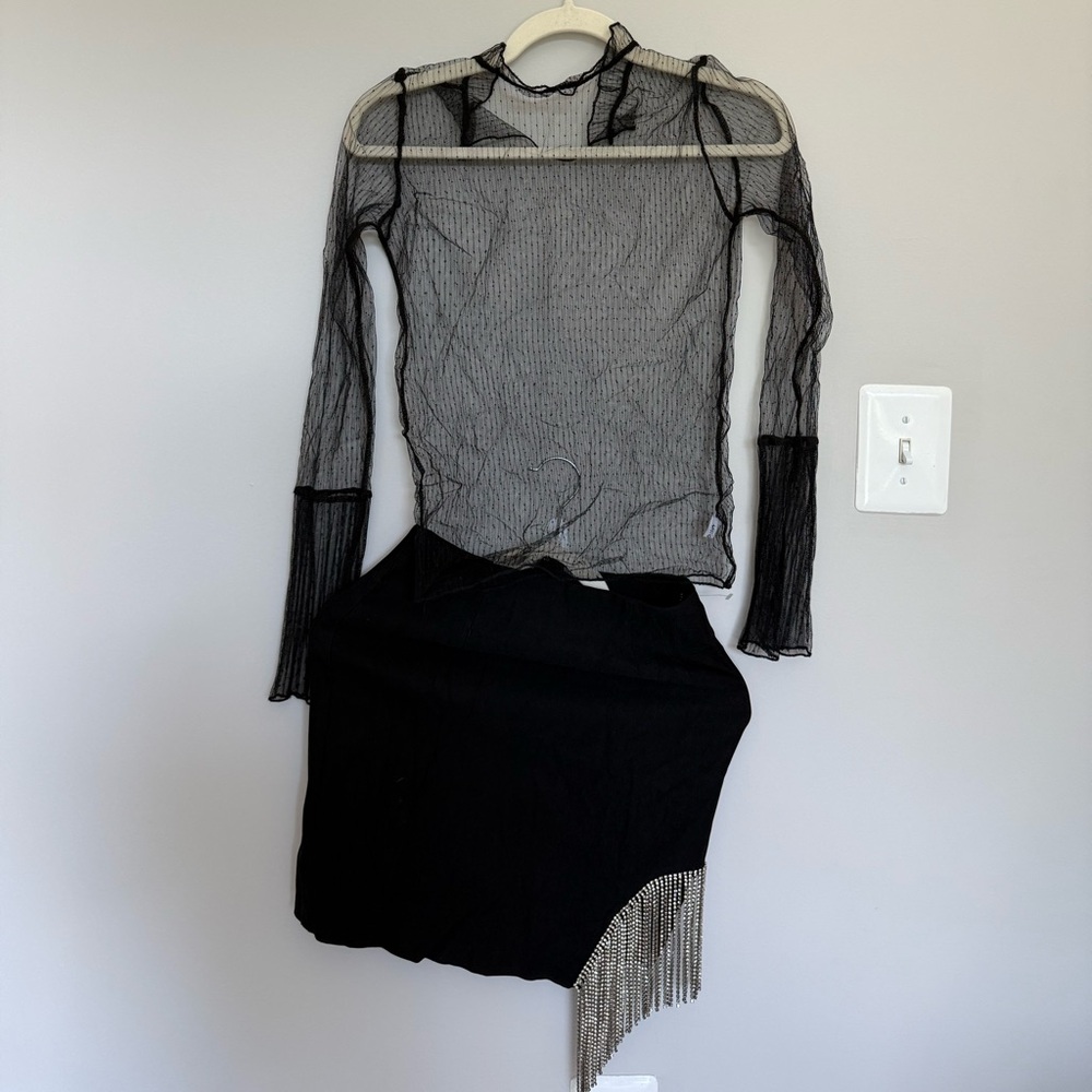 Sheer Black Long-Sleeve Mesh Top 2 styles with Black Rhinestone Detail Skirt